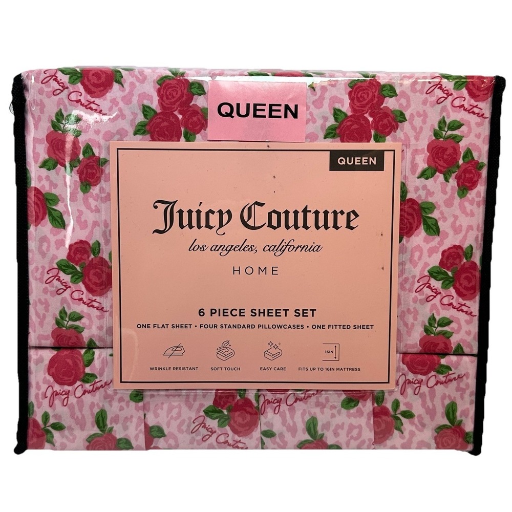 Juicy Couture Queen Sheet Set Pink Rose Leopard 6 Piece Bedding Set New